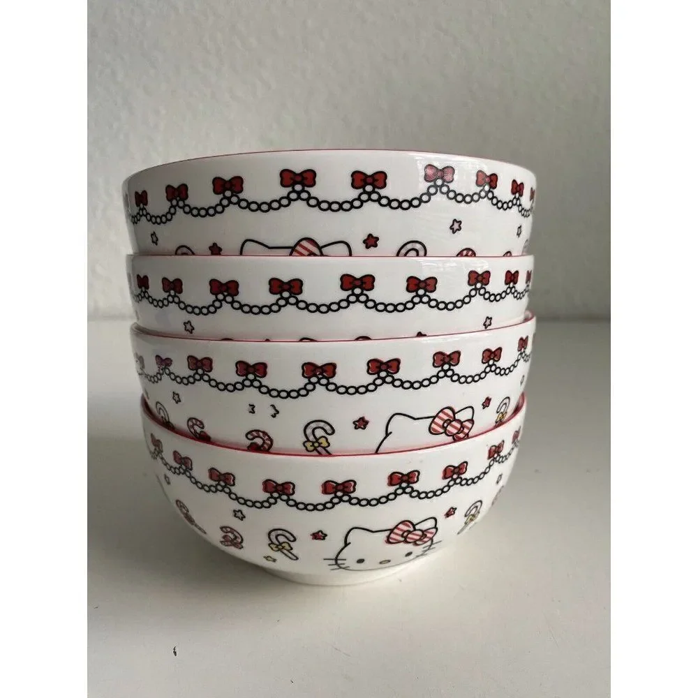 Set Of 4 Sanrio Hello Kitty Ceramic 27 Oz Bowl Christmas Candy Cane‎ Garland NEW